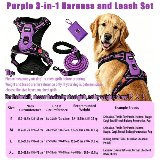 HELETY Purple 3-in-1 No-Pull Dog Harness & Leash Set - Adjustable Sizes S-XL, Reflective, Padded, with Built-In Poop Bag Holder & Tangle-Free Bungee Design